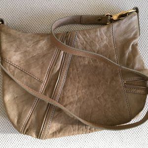Marc Jacobs tan pebbled leather, zipper detailing cross body bag